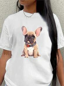 Lightweight And Durable Polyester Short-Sleeved T-Shirt With A French Bulldog Print, Suitable For Casual Wear At Home, In The Office, Or During Outdoor Activities. Comfortable Fit, An Ideal Choice For Dog Lovers. Women's Blouses > Clothing - 白色 - 查看 1