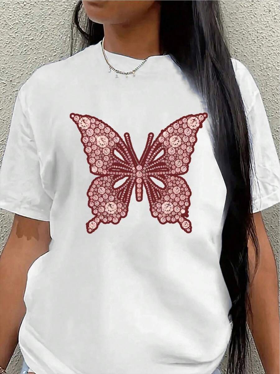 Polyester Short-Sleeved T-Shirt, Adorned With A Pink Rhinestone Butterfly Pattern, Lightweight And Durable, Suitable For Home, Cafes, Or Casual Outdoor Wear; A Stylish And Comfortable Everyday Garment. Women's Blouses > Clothing - 白色 - 查看 1