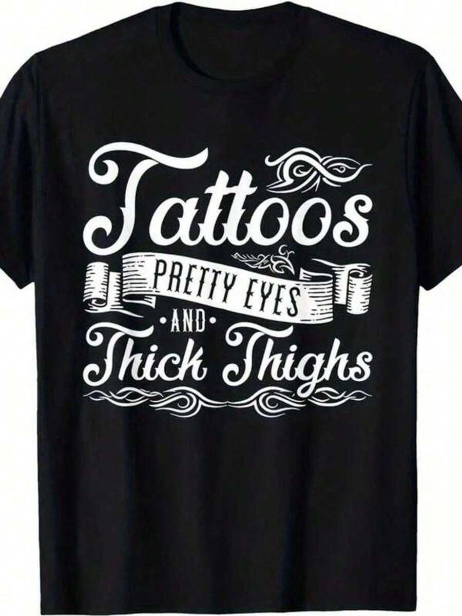 Women's Short Sleeve Crew Neck T-Shirt With Print: Tattoos, Beautiful Eyes And Strong Thighs, Sizes S-3XL. Fashionable, Comfortable, Breathable, And Machine Washable. - 黑色 - 查看 1
