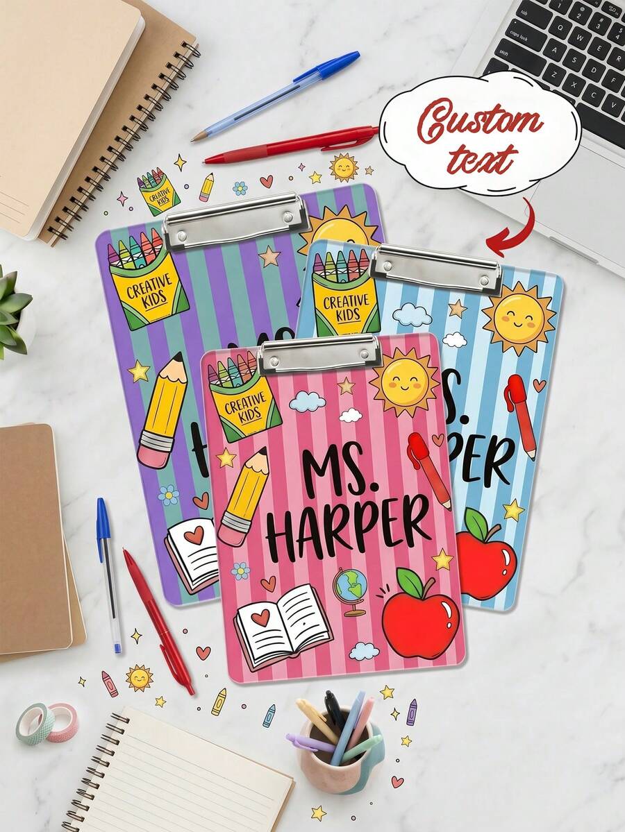 1 pieza Portapapeles personalizado con nombre para maestro, tablero acrílico a rayas con nombre personalizado y clip de metal, regalo de agradecimiento para educadores, herramienta de organización del aula, útiles escolares de vuelta a la escuela - Multicolor - Ver 1