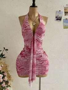 Vestido mini con estampado floral, diseño de lazo y escote halter, para vacaciones - Multicolor 3 - Ver 4