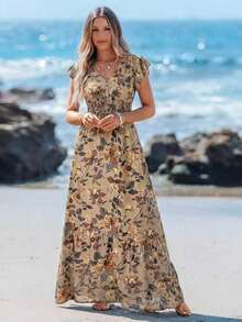 Vestido largo de línea A con mangas de campana, cintura con cordón y dobladillo con volantes, estampado de colocación, vestido de vacaciones informal para mujer - Multicolor 2 - Ver 6