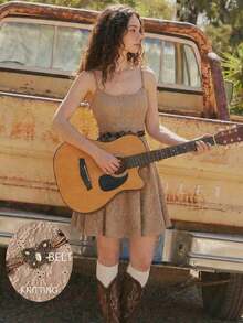 MOD Extra Lightweight Light Brown Dress With Belt, For Autumn/Winter, Thanksgiving, Jacquard Lace, Western Wear For Women, Western Set, Bohemian Chic Style, Brown, Casual Dress For Women - 棕色 - 查看 5