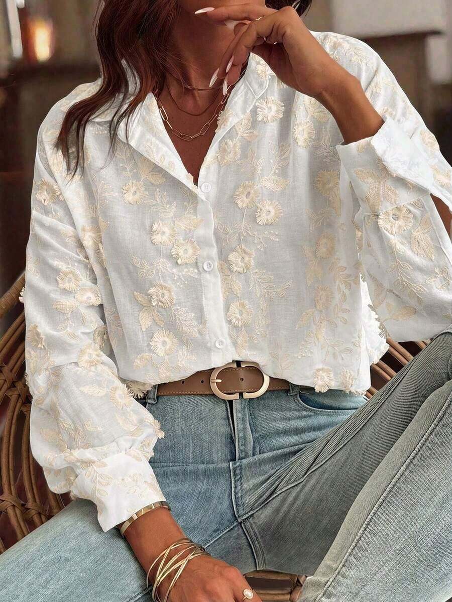 EARO Women's Loose-Fitting Casual Blouse With Embroidery, Versatile For Everyday Wear In Spring/Summer - Grey - View 1