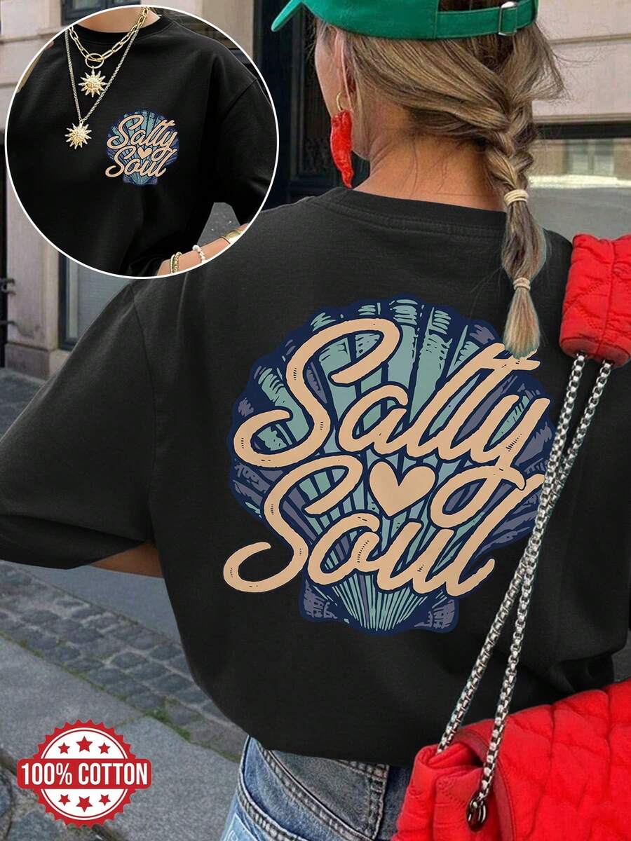 [Double-Sided Print] Women's Spring And Summer Clothing, Women's Tops, Vintage Style, Shell And Heart Design, Salty Style, Versatile, Short Sleeve, Off-The-Shoulder, Pure Cotton Oversized T-Shirt [Quan K] - 黑色 - 查看 1
