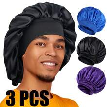 3 chiếc mũ trùm đầu bằng satin dành cho nam, mũ ngủ ban đêm bằng lụa có dây chun rộng, khăn trùm đầu mềm mại, mượt mà để chăm sóc tóc. - Lớp đơn nhỏ - Xem 13