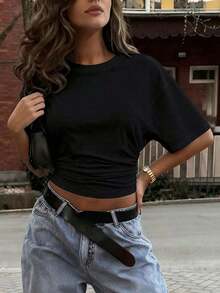 Y2K Style, Modern Style, Newest 2026, Cute Style, Casual Style, Women's Blouses > Clothing. New Stylish And Fashionable Solid Color T-Shirt, Casual, Versatile, With A Gathered Waist, Suitable For Daily Wear, School, Beach, Vacation And Summer Home Wear, 180g (Sizes S-XXXL). - 黑色 - 查看 4