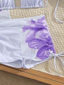 Conjunto de bikini de 3 piezas/set: Top halter casual y sexy con cubierta de malla floral transparente, Bottom de traje de baño con lazos laterales, tela con estiramiento moderado, adecuado para vacaciones, playa, actividades en la piscina, fiestas en la playa, vacaciones de verano - Multicolor 5 - Ver 4