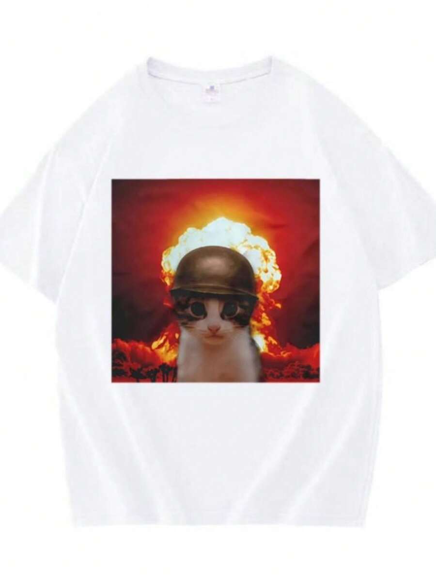 Women's T-ShirtsFunny Explode Cat T-Shirt Gothic Casual Round Neck Aesthetic Short Sleeve Tshirts Soft Comfort T Shirt Men Women Clothes Summer - 白色 - 查看 1
