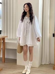 YIU Women's Loose Multi-Color Bow Tie Collar Shirt With Bow Tie Suspender, Essential Spring Outfit For Back To School - Putih - View 1