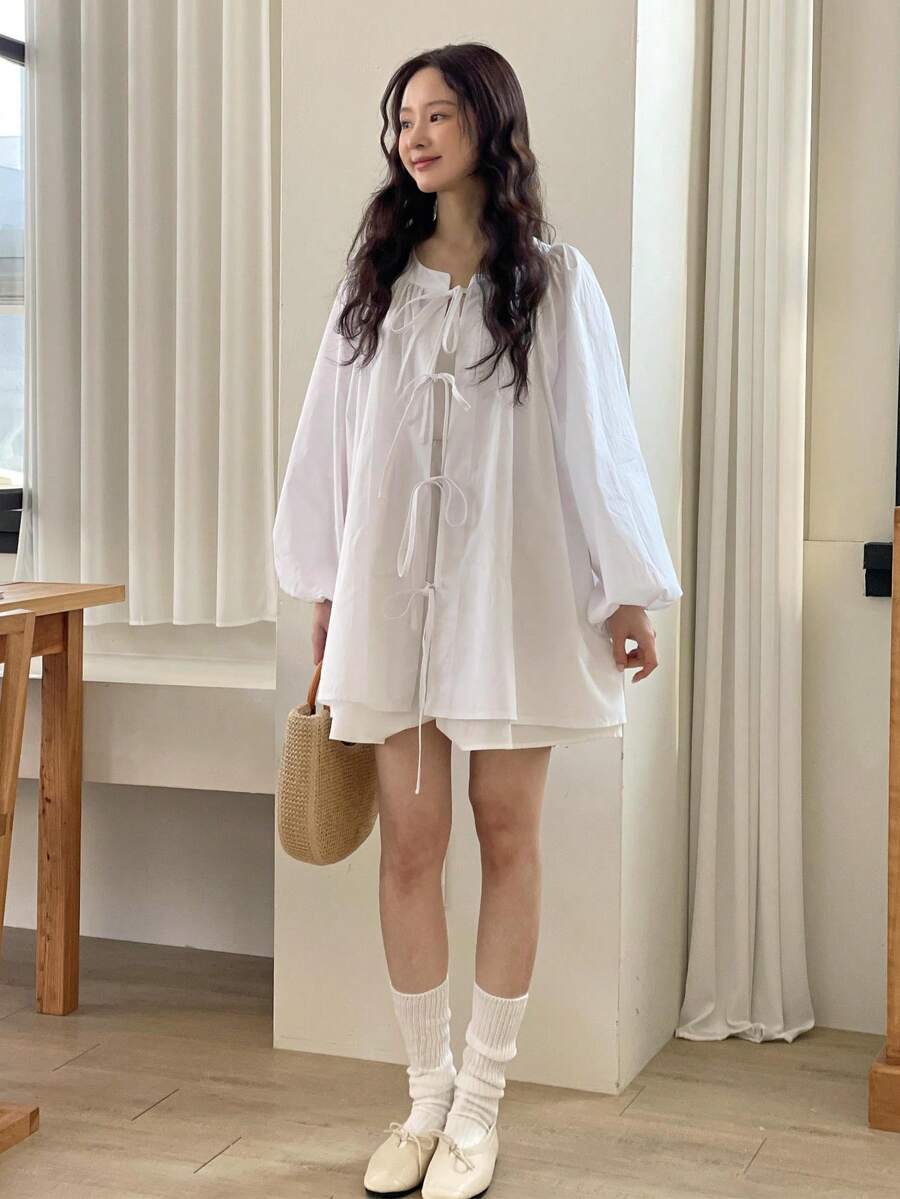 YIU Women's Loose Multi-Color Bow Tie Collar Shirt With Bow Tie Suspender, Essential Spring Outfit For Back To School - Putih - View 1
