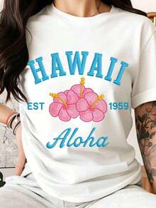 Women's T-Shirt With Hawaiian Aloha Flower Print Est. 1959, Hawaiian Style, For Summer Beach Vacation, 100% Pure Cotton - 白色 - 查看 7