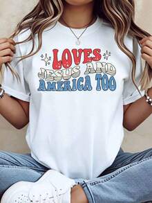 Camiseta Moderna Minimalista de Cuello Redondo con Estampado Patriótico 'Ama a Jesús y a Estados Unidos También', Ropa Casual para Mujer, gcasual everyday - Blanco - Ver 7