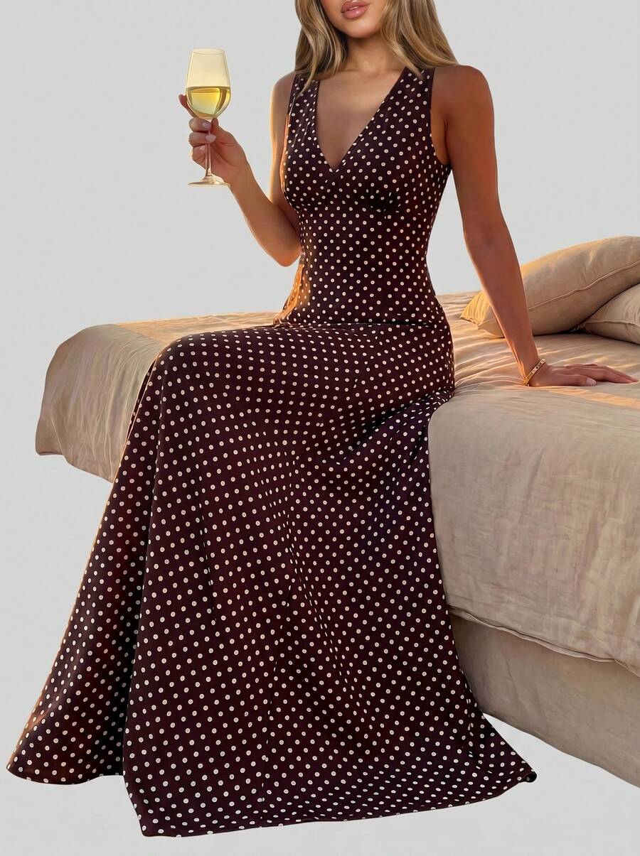 Sedessea Plameo Vintage Polka Dot Sleeveless Bodycon Dress, V-Neck Waist Cinched A-Line Long Dress, Suitable For Work Or Dates Elegant Summer Vacation - Brown - View 1