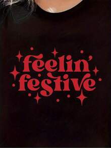 TrendyCotton Women's Short Sleeve T-Shirts, 100% Cotton, With Festive Print And Alphabet Letters, Elegant, Casual, Summer, One Size, Cute. Everyday Wear - 黑色 - 查看 1