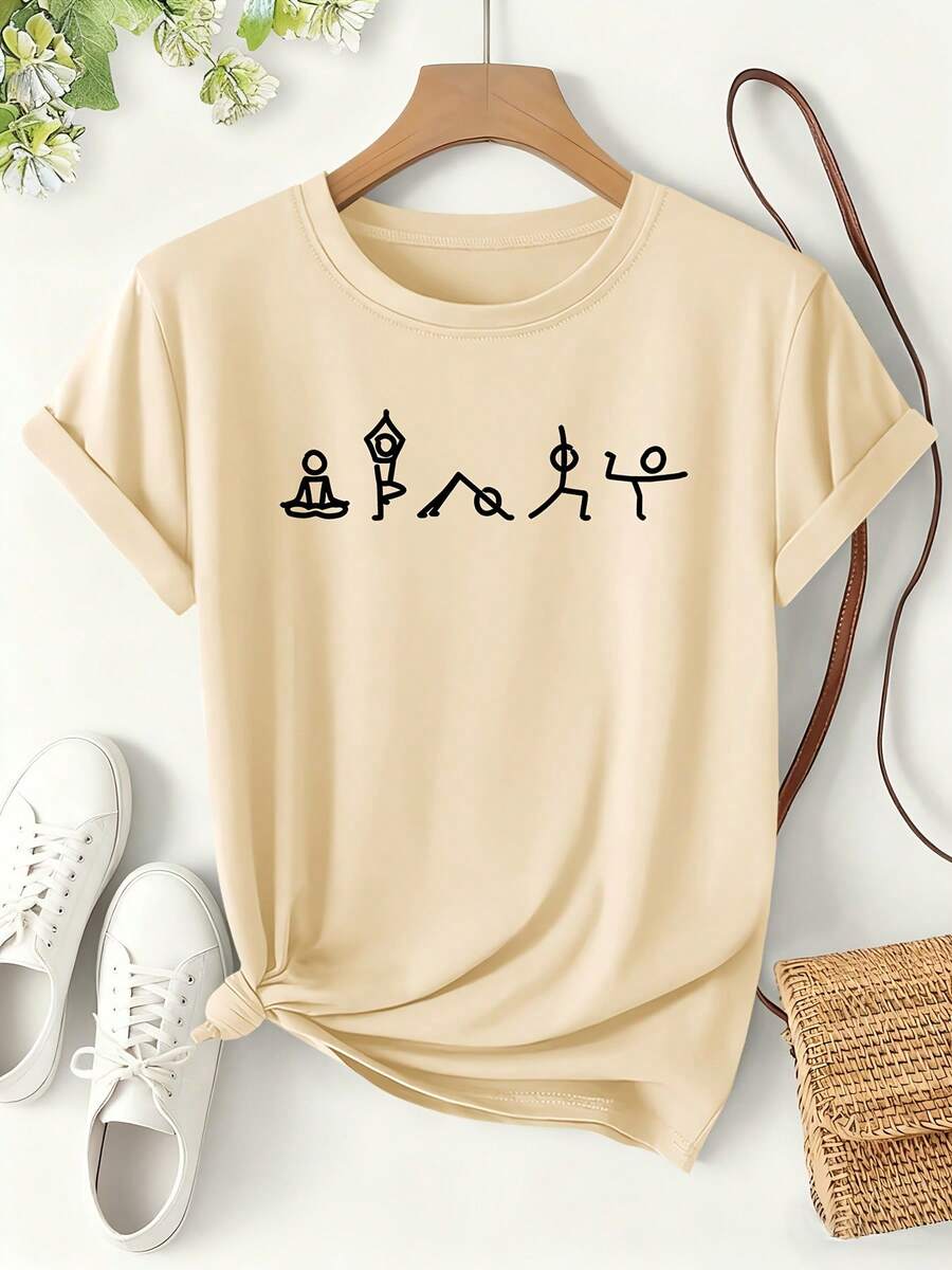Women's Yoga Figure Icon Print T-Shirt, 2026 Spring/Summer Fun Style Short Sleeve, Lightweight Sporty Daily Wear Loose Fit Top, Cute And Fun Sports Themed Fashionable Versatile Design, Women's Clothing Sizes S-XXL - 杏色 - 查看 1