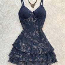 YijiaNvz  Vestido de mujer, estampado de flor de anacardo y malla con contraste de colores, para resort - Azul marino - Ver 10