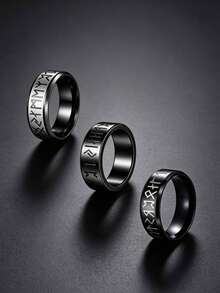 Bộ 3 nhẫn Viking cổ điển bằng thép không gỉ màu đen khắc ký tự Rune, trang sức unisex làm quà tặng cho cặp đôi - Bộ ba món - Xem 3