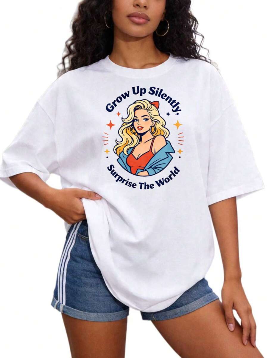 Women's Casual Retro Style Basic Crew Neck T-Shirt, Sizes S-2XL, 100% Black And White, Long Cut With "Silent Growth, Impressing The World" Print, Suitable For Family And Couple Use, Summer Wear, Graduation Gift, . - 白色 - 查看 1