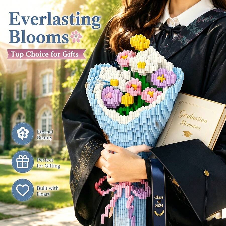 Eternal Flower Bouquet Building Blocks, DIY Mini Particle Bricks, Unfading Floral Decor, Desktop Home Decoration, Perfect Gift For Graduation/Birthday/Valentine's Day - Multicolor - View 1