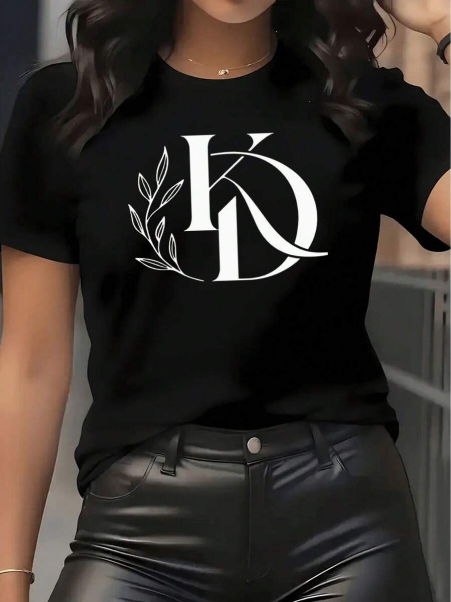 Women's Short Sleeve T-Shirt With Monogram And Leaf Print, Casual Round Neck T-Shirt, Cool Urban Fashion - 黑色 - 查看 1