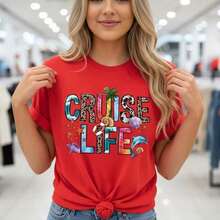 Women's Cotton Short Sleeve T-Shirt, "CRUISE LIFE" Graphic Print, Round Neck Casual Top, S-5XL Sizes, Summer Vacation Beach Party Tee, Loose Fit, Colorful Ocean Elements Design, Comfortable Basic Tee For Travelblusas para mujer>ropa  blusa casual mujer  women clothing casual - Rojo - Ver 12