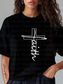 Women's Casual T-Shirt With A Printed Cross Of Faith Design On A White Background. Made From 100% Pure Cotton, This Short-Sleeved, Crew-Neck T-Shirt Has A Regular Fit With A Relaxed Style, Suitable For All Seasons. It Is Made Of 6.35 Oz Fabric And Features A V-Neck Style. - 黑色 - 查看 5