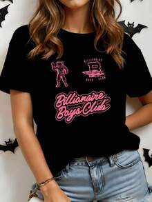 Astronauta simboliza la exploración y la valentía de alcanzar nuevos mundos con detalles futuristas y energía juvenil camiseta de mujer blanca casual cómoda para uso diario moderna - Negro - Ver 8