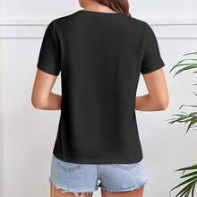 Camiseta Casual para Mujer de Cuello Redondo y Manga Corta, Tejido Ligeramente Elástico, Estilo Regular, Cómoda para Todas las Estaciones, Ropa de Mujer - Negro - Ver 3