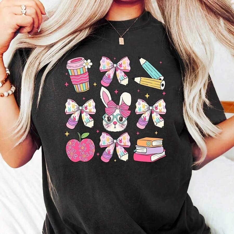 Tea Shirt, Tea Shirt, Easter Tea Shirt, Tea T-Shirt, Tea Tee, T-Shirt, Easter Shirt, Easter Day220G heavyweight 100% cotton T-shirt. with butterfly print pattern, suitable for girls and wo's short sved round neck inspirational shirt, cute aesthetic Y2K style summer top, suitable for outdoor, family, work or street wear casual loose daily T-shirt - Negro - Ver 1