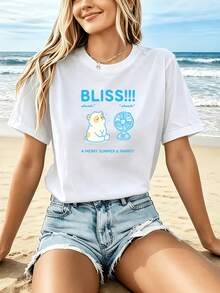 Camiseta Estampada para Mujer Summer Aircon - Camiseta Casual de Manga Corta y Cuello Redondo, Corte Relajado para Todas las Estaciones, Perfecta para Uso Diario y Atuendos de Vacaciones, Combínala con Pantalones Cortos de Mezclilla (Lavable aáquina). - Blanco - Ver 1