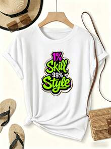 Camiseta Estampada para Mujer con Texto Graffiti Colorido - Camiseta Casual de Manga Corta y Cuello Redondo, con Corte Relajado para Todas las Estaciones, Perfecta para Uso Diario y Atuendos de Vacaciones, Acompañde Accesorios de Percha de Madera (Lavable aáquina). - Blanco - Ver 7