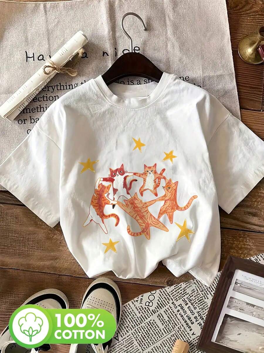 Women's T-Shirts: Short-Sleeved T-Shirts With Round Neck, Casual Style, Loose Fit, With Cozy Cat And Star Print, Illustrated Style, For Spring/Summer. - 白色 - View 1