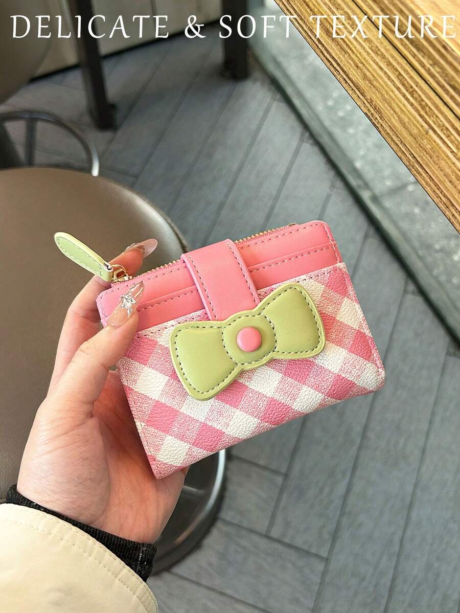 Carteira Porta-Moedas Estilo Coreano e Japonês com Laço, Porta-Cartões Bifold para Estudantes Mulheres