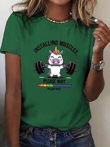 Camiseta de Mujer con Estampado de Unicornio Levantando Pesas - Manga corta, cuello redondo, estilo casual, adecuada para gimnasia, levantamiento de pesas y otros deportes, 100% Algodón. - Verde - Ver 7