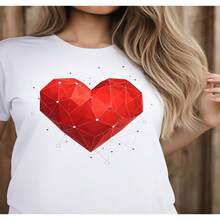 Camiseta de mujer con estampado geométrico de corazones, moda casual, regalo de San Valentín para ella, blusas bonitas 2D para mujer, camiseta de mujer, Diseño casual holgado, ligeramente extendida S-XXXL - Blanco - Ver 1
