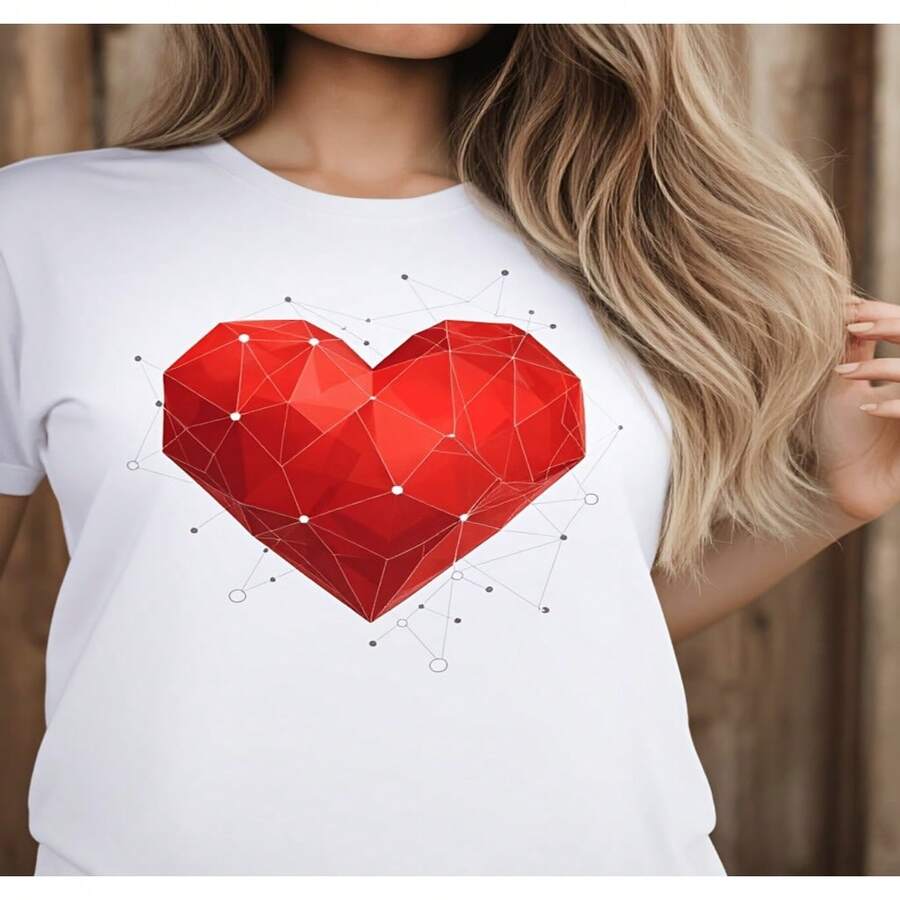 Camiseta de mujer con estampado geométrico de corazones, moda casual, regalo de San Valentín para ella, blusas bonitas 2D para mujer, camiseta de mujer, Diseño casual holgado, ligeramente extendida S-XXXL - Blanco - Ver 1