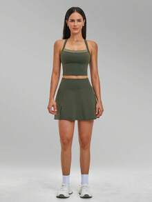 Ensemble yoga nude pour femmes MFVIM, tenue de tennis à dos croisé séchage rapide, leggings décontractés polyvalents en tissu doux et agréable pour la peau, pantalon de yoga, convient pour le trajet, l'extérieur, la course, le cyclisme, le yoga, le pilates, l'entraînement en salle de gym - Vert sapin - Voir 7