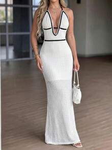 LilyHouse Damen Spaghetti-Träger Rückenausschnitt Strick Meerjungfrau Kleid, Weiß/Schwarz, Lässig, Urlaub, Outdoor, Alltag, Sommer Strand Kleid Party Elegant - Weiss - Übersicht 1