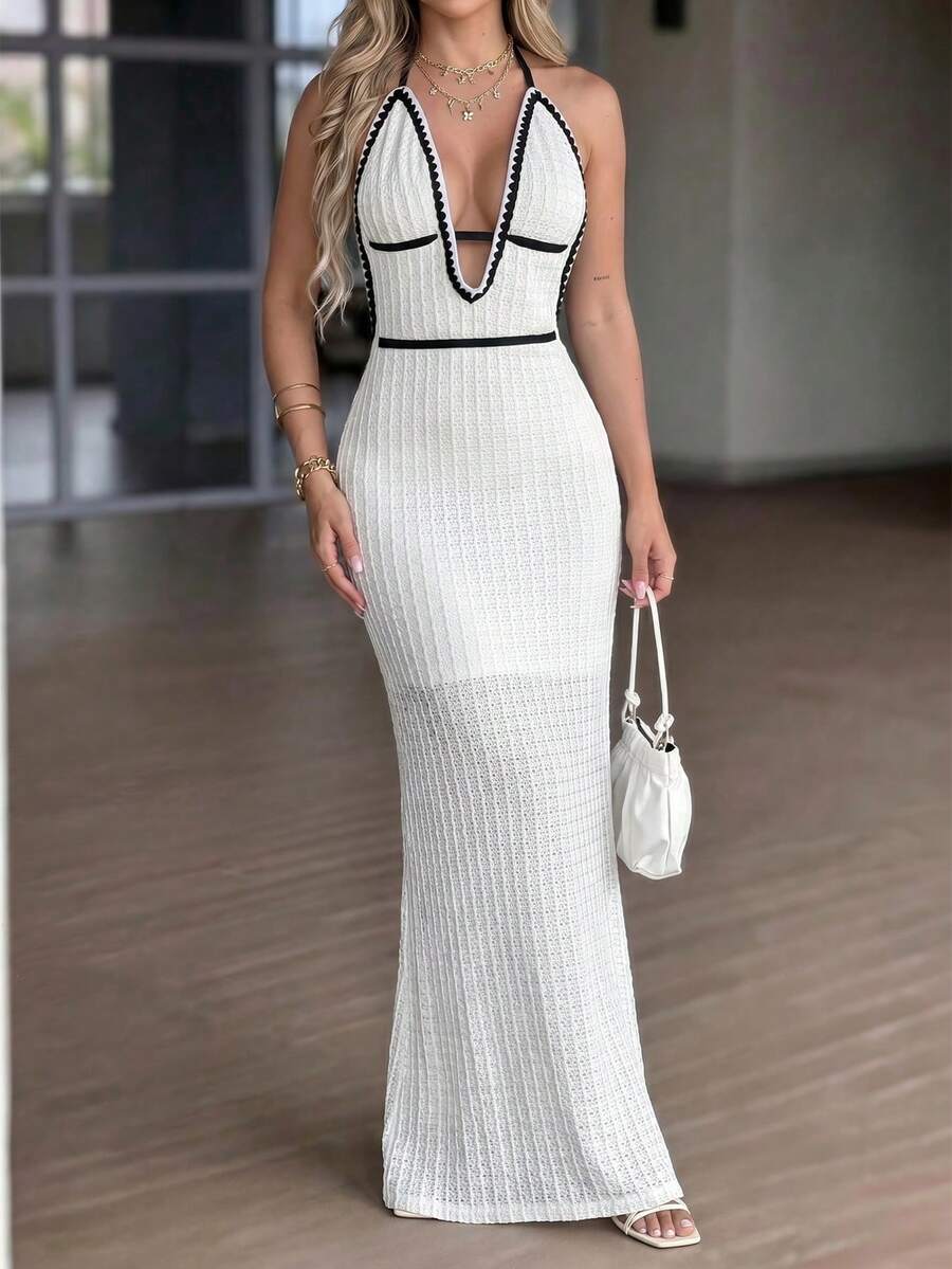 LilyHouse Damen Spaghetti-Träger Rückenausschnitt Strick Meerjungfrau Kleid, Weiß/Schwarz, Lässig, Urlaub, Outdoor, Alltag, Sommer Strand Kleid Party Elegant - Weiss - Übersicht 1