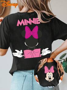 Ladies' Disney Short-Sleeve T-Shirt Featuring A Sweet Cartoon Minnie Mouse With A Big Bow And Double-Sided Print. This Round-Neck Summer Top Is Suitable For Spring, Summer, And Autumn, Perfect For A Disney Trip - màu đen - Xem 1