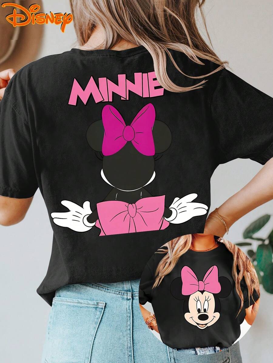 Ladies' Disney Short-Sleeve T-Shirt Featuring A Sweet Cartoon Minnie Mouse With A Big Bow And Double-Sided Print. This Round-Neck Summer Top Is Suitable For Spring, Summer, And Autumn, Perfect For A Disney Trip - màu đen - Xem 1