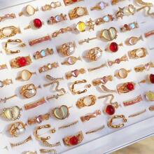 15pcs Geometric Asymmetrical Textured Liquid Shape Heart Teardrop Intersect Multi-Layer Minimalist Plain Band Wavy Metal Rings Set, Fashion Elegant Vintage Design, Suitable For Holiday, Party, Daily Wear, Random Styles - Gold Open Cat's Eye Ring - View 2