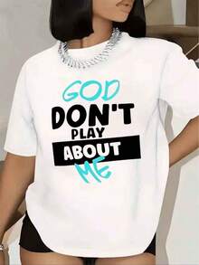 Women's T-Shirt With 'God Don't Play About Me' Print, Short Sleeve, Round Neck, Casual Wear - 白色 - 查看 7