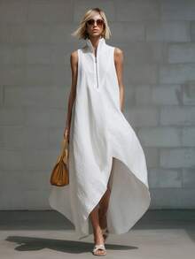 Women's Dress 2026 European American Minimalist Style, Sleeveless With Half Zipper Closure Loose Fit In Cotton Linen Fabric - 白色 - 查看 1
