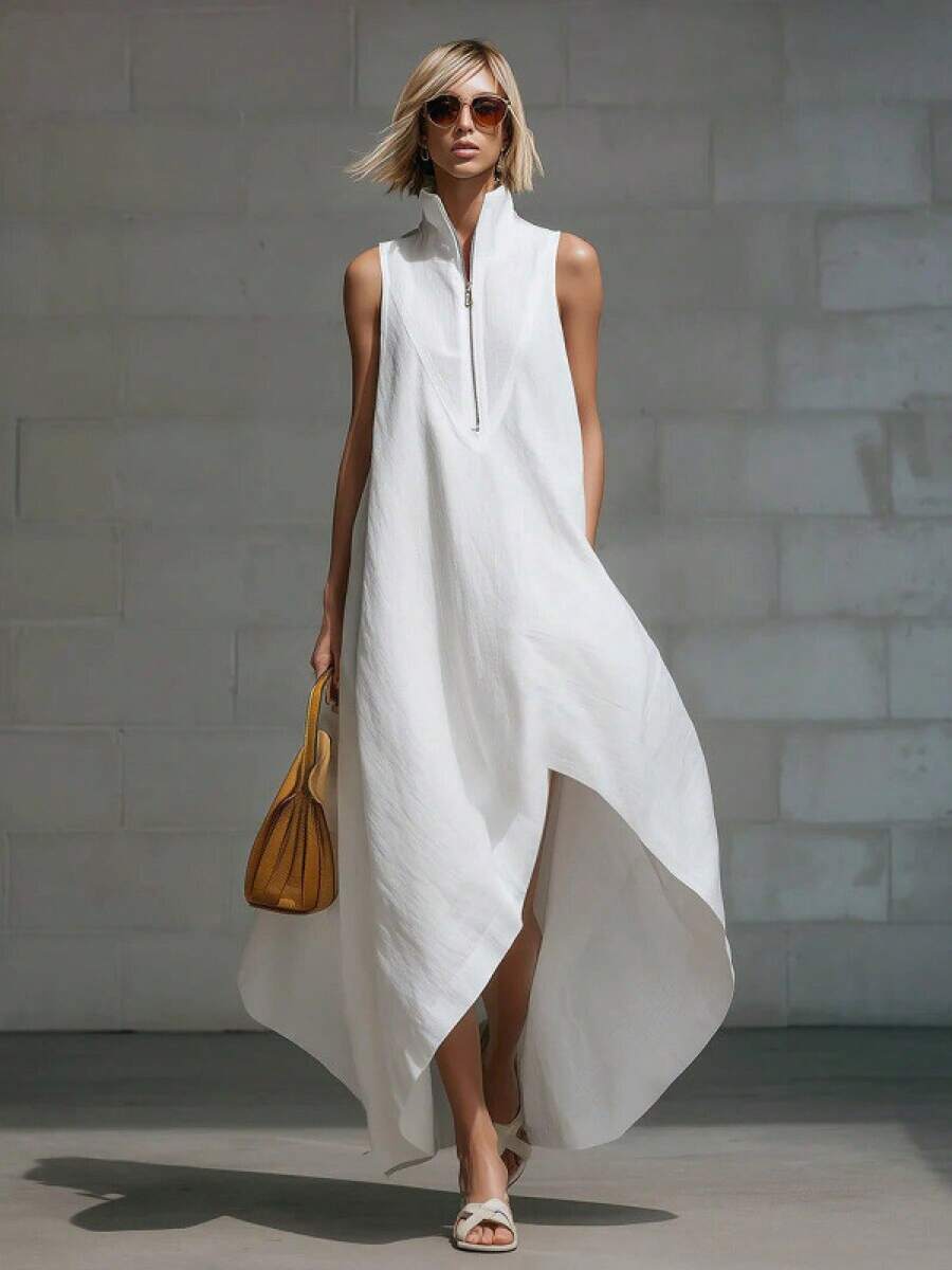 Women's Dress 2026 European American Minimalist Style, Sleeveless With Half Zipper Closure Loose Fit In Cotton Linen Fabric - 白色 - 查看 1