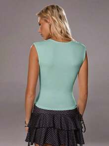 Camiseta sin Mangas Casual Ajustada con Cuello en V Profundo para Mujer, Primavera/Verano - Verde - Ver 2