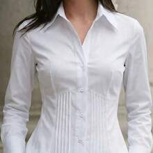 1 pieza Camisa de manga larga de ajuste delgado, elegante y casual con botones de un solo color, adecuada para la oficina, el hogar, el uso diario y las citas, todo el año, color blanco primaveral - Rojo - Ver 2