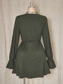 ICON Vestido mini de talla grande de unicolor casual con parches de encaje para mujer, ropa de otoño - Verde militar - Ver 2