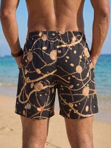 1 Stück Herren Shorts mit schwarzem Hintergrund und goldenem Münzketten-Muster, vintage barocke Elemente, leicht und atmungsaktiv, Pool- & Strandparty Essentiell, lässige Shorts für den Sommer - Schwarz - Übersicht 6